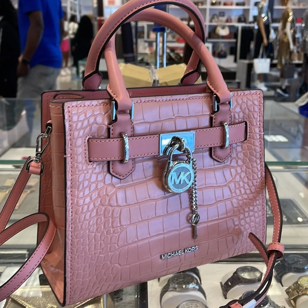 MICHAEL KORS Hamilton Small Crocodile Embossed Faux Leather Satchel Primrose NWT